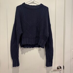 All:Row Navy Blue Chunky Knit Cropped Sweater Women L Basketweave Cable Pullover